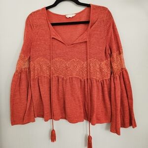 Altar'd State Women's Burnt Orange Long Sleeve With Lace Trim Top Size S